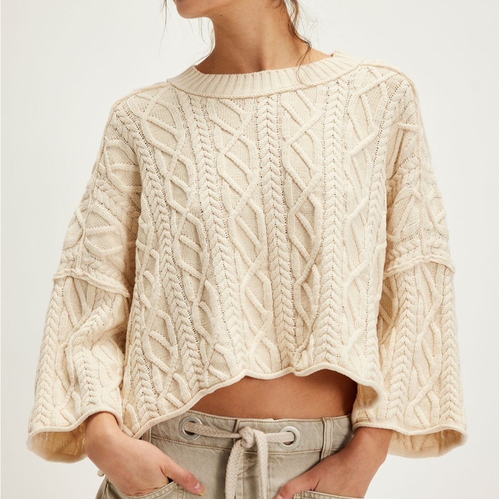 Free People Cream Cable Knit Crew Neck Sweater - washed ashore sweater